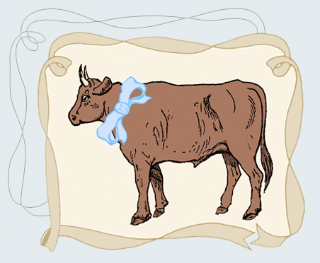 Illustration of an ox with a large bow on its shoulder.